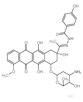 N-[1-[4-(4-amino-5-hydroxy-6-methyl-oxan-2-yl)oxy-2,5,12-trihydroxy-7-methoxy-6,11-dioxo-3,4-dihydro-1H-tetracen-2-yl]ethylideneamino]-4-hydroxy-benzamide structure