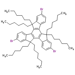 2,7,12-tribromo-5,5',10,10',15,15'-hexahexyltruxene structure