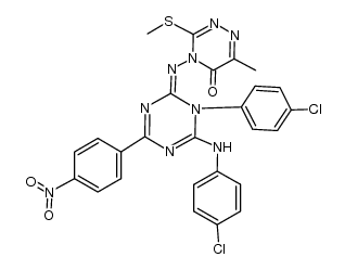 (Z)-4-((1-(4-chlorophenyl)-6-((4-chlorophenyl)amino)-4-(4-nitrophenyl)-1,3,5-triazin-2(1H)-ylidene)amino)-6-methyl-3-(methylthio)-1,2,4-triazin-5(4H)-one结构式
