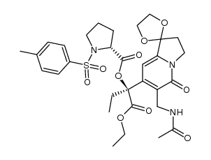 ethyl (S)-2-[N-tosyl-(R)-prolyloxy]-2-[6-(acetylaminomethyl)-1,1-(ethylenedioxy)-5-oxo-1,2,3,5-tetrahydroindolizin-7-yl]butanoate结构式