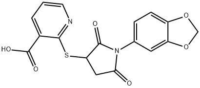 2-((1-(benzo[d][1,3]dioxol-5-yl)-2,5-dioxopyrrolidin-3-yl)thio)nicotinic acid Structure