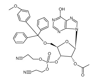 O2'-acetyl-O5'-(4-methoxy-trityl)-[3']inosinic acid bis-(2-cyano-ethyl) ester Structure