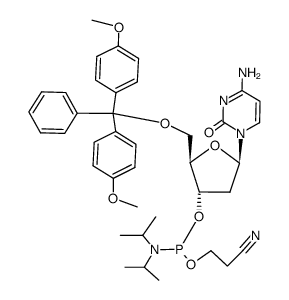 5'-O-(4,4'-dimethoxytrityl)-2'-deoxycytidine-3'-O-[(2-cyanoethyl)-N,N-diisopropylphosphoramidite]结构式