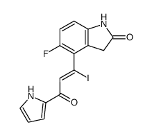 (Z)-5-fluoro-4-[1-iodo-3-oxo-3-(1H-pyrrol-2-yl)propenyl]-1,3-dihydroindol-2-one Structure