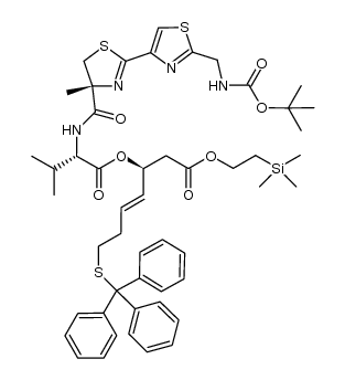 (3S,4E)-2-(trimethylsilyl)ethyl-3-[(S)-2-((R)-2-{2-[(tert-butoxycarbonyl)methyl]thiazol-4-yl}-4-methyl-4,5-dihydrothiazole-4-carboxamido)-3-methylbutanoyloxy]-7-(tritylthio)hept-4-enoate Structure