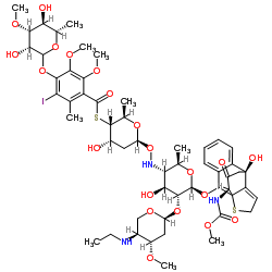 S-[(2R,3S,4S,6S)-6-({[(2R,3S,4S,5R,6S)-5-{[(2S,4S,5S)-5-(Ethylamino)-4-methoxytetrahydro-2H-pyran-2-yl]oxy}-4-hydroxy-6-({(9R,14S)-9-hydroxy-14-[(methoxycarbonyl)amino]-15-oxo-13-thiatetracyclo[7.4.3.01,10.03,8]hexadeca-3,5,7,10-tetraen-2-yl}oxy)-2-methyltetrahydro-2H-pyran-3-yl]amino}oxy)-4-hydroxy-2-methyltetrahydro-2H-pyran-3-yl] 4-{[(3R,4R,5S,6S)-3,5-dihydroxy-4-methoxy-6-methyltetrahydro-2H-pyran-2-yl]oxy}-3-iodo-5,6-dimethoxy-2-me结构式