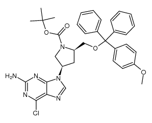 N-(tert-butoxycarbonyl)-O-[(4-methoxyphenyl)diphenylmethyl]-cis-4-(2-amino-6-chloro-9H-purin-9-yl)-D-prolinol Structure