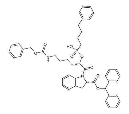 (S-(R*,R*))-2,3-dihydro-1-(2-((hydroxy(4-phenylbutyl)phosphinyl)oxy)-1-oxo-6-(((phenylmethoxy)carbonyl)amino)hexyl)-1H-indole-2-carboxylic acid diphenylmethyl ester结构式