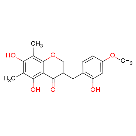 (+/-)-5,7-dihydroxy-6,8-dimethyl-3-(2'-hydroxy-4'-methoxybenzyl)chroman-4-one结构式