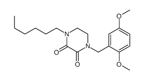 1-[(2,5-dimethoxyphenyl)methyl]-4-hexyl-piperazine-2,3-dione structure