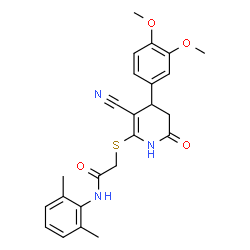 2-((3-cyano-4-(3,4-dimethoxyphenyl)-6-oxo-1,4,5,6-tetrahydropyridin-2-yl)thio)-N-(2,6-dimethylphenyl)acetamide structure