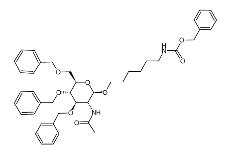 Carbamic acid, 6-2-(acetylamino)-2-deoxy-3,4,6-tris-O-(phenylmethyl)-.beta.-D-glucopyranosyloxyhexyl-, phenylmethyl ester结构式