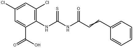 3,5-dichloro-2-[[[(1-oxo-3-phenyl-2-propenyl)amino]thioxomethyl]amino]-benzoic acid structure