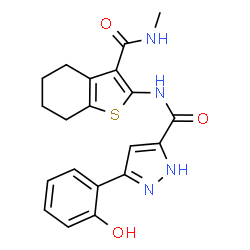 5-(2-hydroxyphenyl)-N-[3-(methylcarbamoyl)-4,5,6,7-tetrahydro-1-benzothiophen-2-yl]-1H-pyrazole-3-carboxamide结构式