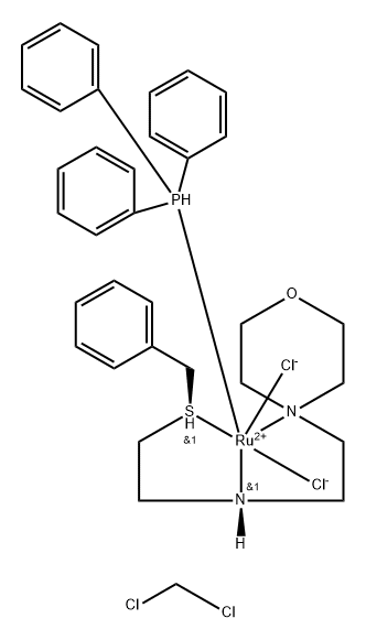 二氯[rel-[N(R)]-N-[2-[(R)-(苯甲基)硫代-κS]乙基]-4-吗啉乙胺-κNN4,κN4](三苯基膦)钌(II)。用二氯甲烷结构式