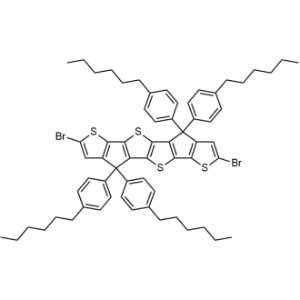 2,7-二溴-4,4,9,9-四(4-己基苯基)-4,9-二氢噻吩并[3′,2′:4,5]环戊二烯并[1,2-b]噻吩并[2′′,3′′:3′,4′]环戊二烯并[1′,2′:4,5]噻吩并[2,3-d]噻吩结构式