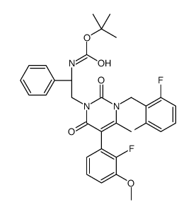 2-Methyl-2-propanyl {(1R)-2-[3-(2,6-difluorobenzyl)-5-(2-fluoro-3 -methoxyphenyl)-4-methyl-2,6-dioxo-3,6-dihydro-1(2H)-pyrimidinyl] -1-phenylethyl}carbamate structure