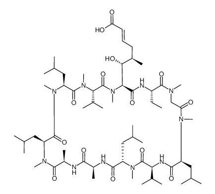 6-(5-ethyl-11,17,26,29-tetraisobutyl-14,32-diisopropyl-1,7,10,16,20,23,25,28,31-nonamethyl-3,6,9,12,15,18,21,24,27,30,33-undecaoxo-1,4,7,10,13,16,19,22,25,28,31undecaaza-cyclotritriacont-2-yl)-6-hydroxy-5-methyl-hex-2-enoic acid结构式