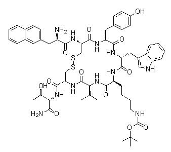 3-(2-萘基)-D-丙氨酰-L-半胱氨酰-L-酪氨酰-D-色氨酰-N6-[(1,1-二甲基乙氧基)羰基]-L-赖氨酰-L-缬氨酰-L-半胱氨酰-L-苏氨酰胺环(2→7)-二硫醚结构式