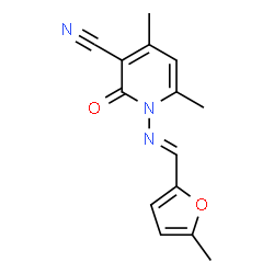 (E)-4,6-dimethyl-1-(((5-methylfuran-2-yl)methylene)amino)-2-oxo-1,2-dihydropyridine-3-carbonitrile结构式