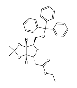 (3Ξ)-O4,O5-isopropylidene-O7-trityl-D-ribo-3,6-anhydro-2-deoxy-heptonic acid ethyl ester结构式