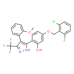 5-[(2-chloro-6-fluorobenzyl)oxy]-2-[4-(2-methoxyphenyl)-5-(trifluoromethyl)-1H-pyrazol-3-yl]phenol structure