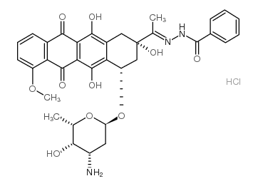 Benzoic acid,2-[1-[(2S,4S)-4-[(3-amino-2,3,6-trideoxy-a-L-lyxo-hexopyranosyl)oxy]-1,2,3,4,6,11-hexahydro-2,5,12-trihydroxy-7-methoxy-6,11-dioxo-2-naphthacenyl]ethylidene]hydrazide,hydrochloride (1:1) Structure