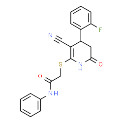 2-((3-cyano-4-(2-fluorophenyl)-6-oxo-1,4,5,6-tetrahydropyridin-2-yl)thio)-N-phenylacetamide结构式