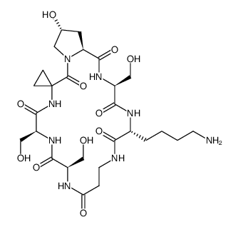 cyclo(1-aminocyclopropane-1-carbonyl-(2S,4R)-4-hydroxyprolyl-Ser-D-Lys-β-alanyl-D-Ser-Ser) Structure