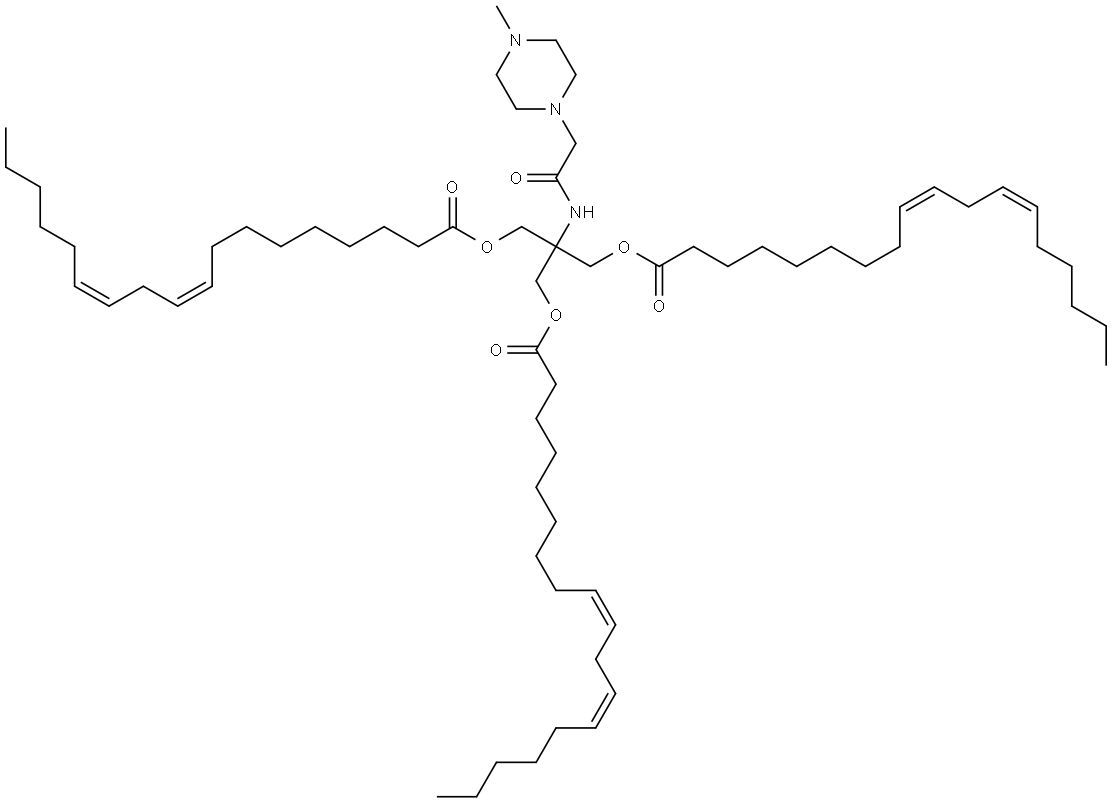 2-(2-(4-甲基哌嗪-1-基)乙酰胺基)-2-((((9Z,12Z)-十八碳-9,12-二烯酰基)氧基)甲基)丙烷-1,3-二基(9Z,9′Z,12Z,12′Z)-双(9,12-十八碳二烯酸酯)结构式