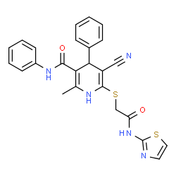 5-cyano-2-methyl-6-((2-oxo-2-(thiazol-2-ylamino)ethyl)thio)-N,4-diphenyl-1,4-dihydropyridine-3-carboxamide结构式