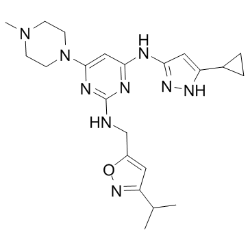 N4-(5-环丙基-1H-吡唑-3-基)-N2-[[3-异丙基-5-异恶唑基]甲基]-6-(4-甲基-1-哌嗪基)-2,4-嘧啶二胺结构式