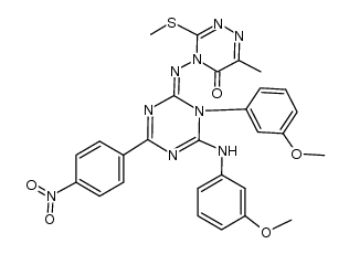 (Z)-4-((1-(3-methoxyphenyl)-6-((3-methoxyphenyl)amino)-4-(4-nitrophenyl)-1,3,5-triazin-2(1H)-ylidene)amino)-6-methyl-3-(methylthio)-1,2,4-triazin-5(4H)-one结构式