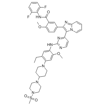 N-(2,6-二氟苯基)-5-[3-[2-[[5-乙基-2-甲氧基-4-[4-[4-(甲基磺酰基)-1-哌嗪基]-1-哌啶基]苯基]氨基]-4-嘧啶基]咪唑并[1,2-A]吡啶-2-基]-2-甲氧基苯甲酰胺结构式