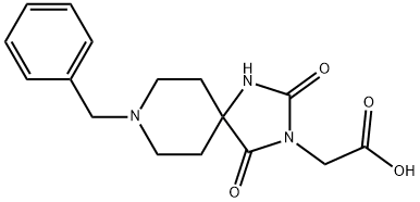 (8-Benzyl-2,4-dioxo-1,3,8-triaza-spiro[4.5]dec-3-yl)-acetic acid structure