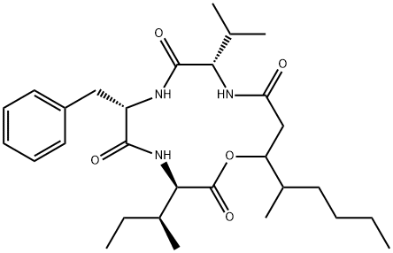 N-[N-[N-(3-Hydroxy-4-methyl-1-oxooctyl)-L-valyl]-L-phenylalanyl]-D-alloisoleucine λ-lactone结构式