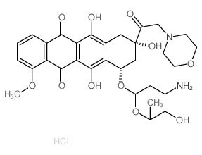 5,12-Naphthacenedione, 10-[ (3-amino-2,3,6-trideoxy-.alpha.-L-lyxo-hexopyranosyl)oxy]-7,8, 9,10-tetrahydro-6,8, 11-trihydroxy-1-methoxy-8-(4-morpholinylacetyl)-, monohydrochloride, (8S-cis)- Structure