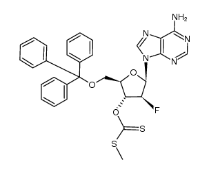 9-(5-O-trityl-3-O-methylthiothiocarbonyl-2-deoxy-2-fluoro-β-D-arabinofuranosyl) adenine Structure