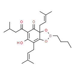 2-Butyl-6-hydroxy-3a,7-bis(3-methyl-2-butenyl)-5-(3-methylbutyryl)-1,3,2-benzodioxaborol-4(3aH)-one structure