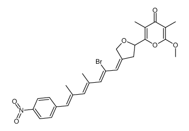 (+/-)-2-((Z)-4-((2Z,4E,6E)-2-bromo-4,6-dimethyl-7-(4-nitrophenyl)hepta-2,4,6-trienylidene)-tetrahydrofuran-2-yl)-6-methoxy-3,5-dimethyl-4H-pyran-4-one结构式