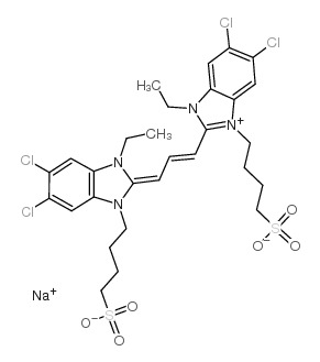 5,6-二氯-2-[[5,6-二氯-1-乙基-3-(4-磺酸基丁基)苯并咪唑-2-亚基]]丙烯基]-1-乙基-3-(4-磺酸基丁基)苯并咪唑内盐钠盐结构式