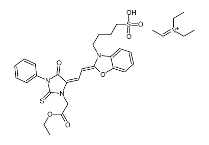 triethylammonium C-ethyl 4-oxo-3-phenyl-5-[[3-(4-sulphonatobutyl)benzoxazol-2(3H)-ylidene]ethylidene]-2-thioxoimidazolidine-1-acetate structure