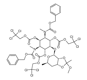 dibenzyl ((1R,2S,3S,4R,5r,6S)-5-(((3aR,4S,6R,7aR)-2-methoxy-2,6-dimethyltetrahydro-4H-[1,3]dioxolo[4,5-c]pyran-4-yl)oxy)-2,4,6-tris(((2,2,2-trichloroethoxy)carbonyl)oxy)cyclohexane-1,3-diyl)bis(methylcarbamate)结构式