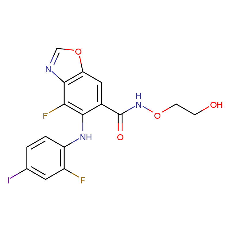 4-fluoro-5-(2-fluoro-4-iodoanilino)-N-(2-hydroxyethoxy)-1,3-benzoxazole-6-carboxamide Structure
