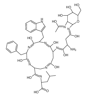 (2S)-2-[[(3S,6S,9S,12S)-12-[[(2S)-4-[[(2R,3R,4R,5S,6R)-3-acetamido-4,5-dihydroxy-6-(hydroxymethyl)oxan-2-yl]amino]-2-amino-4-oxobutanoyl]amino]-6-benzyl-9-(1H-indol-3-ylmethyl)-5,8,11,14-tetraoxo-1,4,7,10-tetrazacyclotetradecane-3-carbonyl]amino]-4-methyl Structure