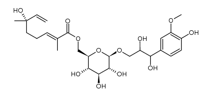 9-(6-O-[(2E,6S)-2,6-dimethyl-6-hydroxy-2,7-octadienoyl]-β-D-glucopyranosyloxy)guaiacylglycerol结构式