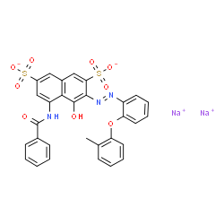 disodium 5-(benzoylamino)-4-hydroxy-3-[[2-(2-methylphenoxy)phenyl]azo]naphthalene-2,7-disulphonate结构式