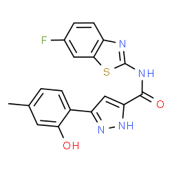 N-(6-fluoro-1,3-benzothiazol-2-yl)-3-(2-hydroxy-4-methylphenyl)-1H-pyrazole-5-carboxamide structure