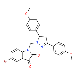 1-((3,5-bis(4-methoxyphenyl)-4,5-dihydro-1H-pyrazol-1-yl)methyl)-5-bromoindoline-2,3-dione structure