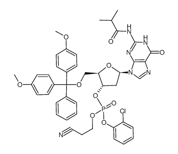 3'-Guanylic acid, 5'-O-[bis(4-methoxyphenyl)phenylmethyl]-2'-deoxy-N-(2-methyl-1-oxopropyl)-, 2-chlorophenyl 2-cyanoethyl ester structure